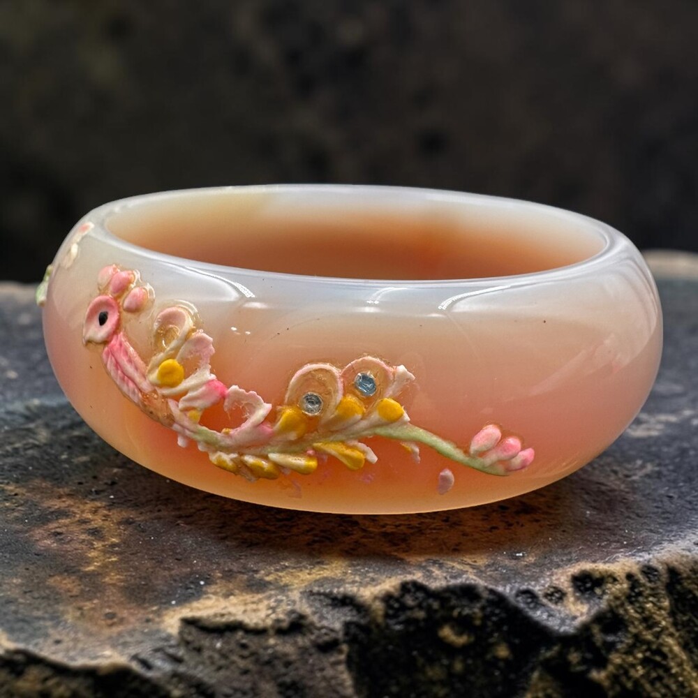 Natural Agate Cherry Blossom Bangle with 3D Sakura Blossom Flowers